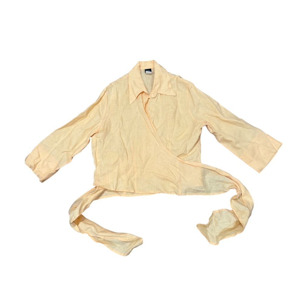 Comfy USA 100% Linen Wrap Top Peach Apricot 3/4 Sleeve Blouse L Large Coastal